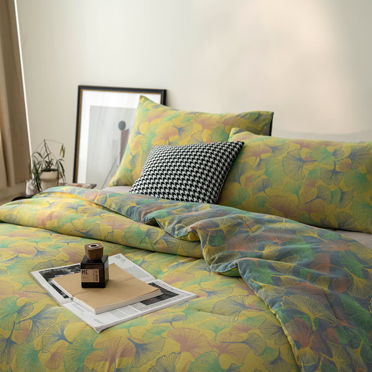 Elegante biancheria da letto in garza di cotone con foglie di ginkgo
