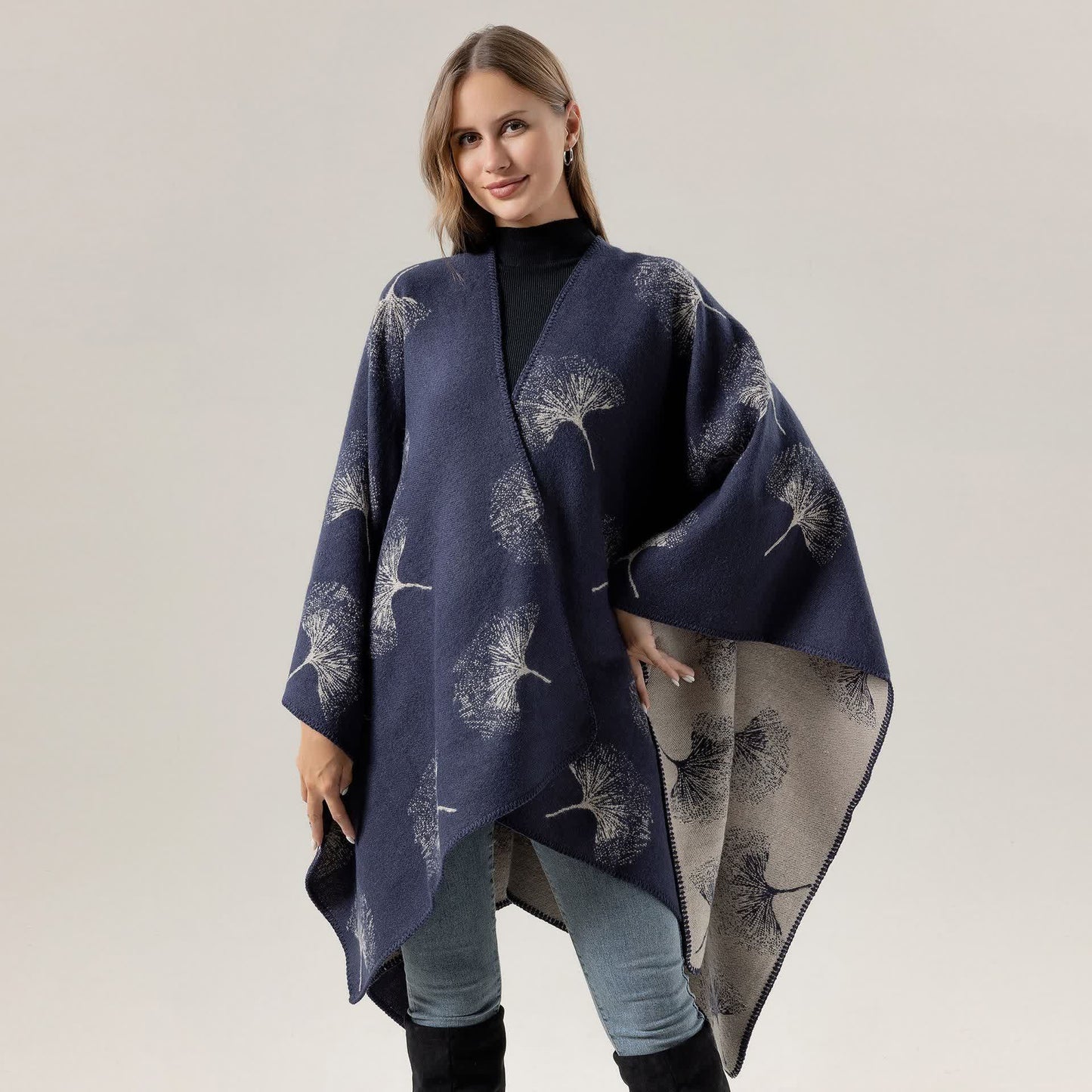 Lussuoso scialle da viaggio con foglie di ginkgo - Blu navy - 130cm x 150cm - image 5