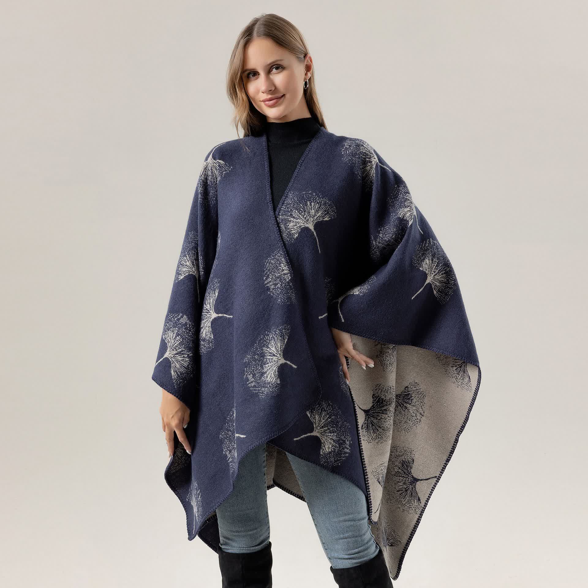 Lussuoso scialle da viaggio con foglie di ginkgo - Blu navy - 130cm x 150cm - image 5