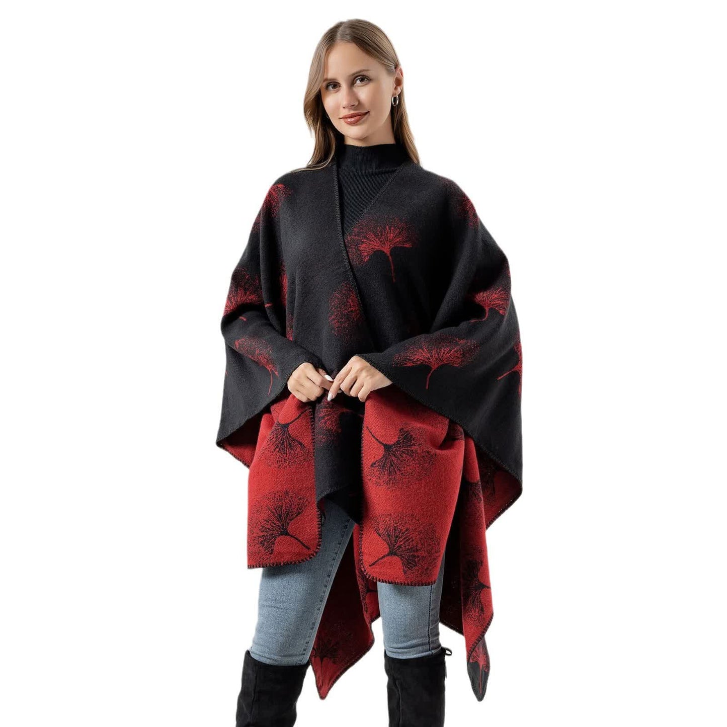 Lussuoso scialle da viaggio con foglie di ginkgo - Nero e rosso - 130cm x 150cm - image 3