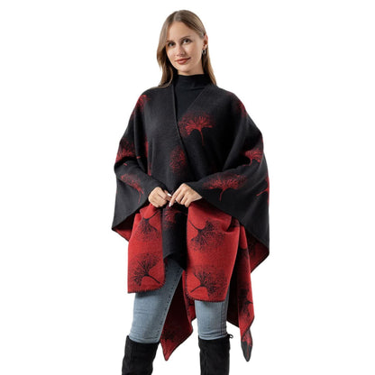 Lussuoso scialle da viaggio con foglie di ginkgo - Nero e rosso - 130cm x 150cm - image 3
