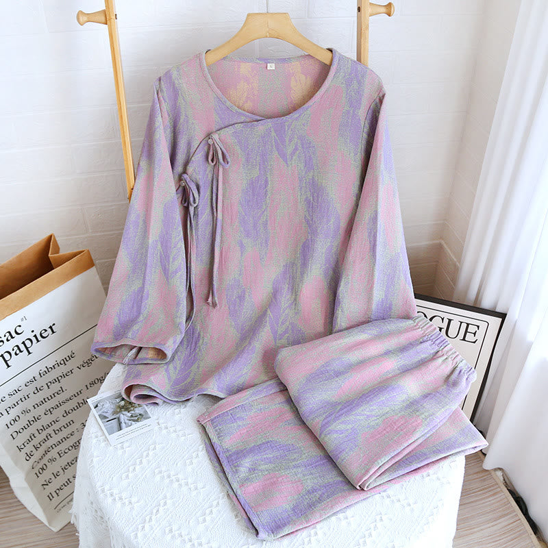 Pigiama in puro cotone jacquard con piume