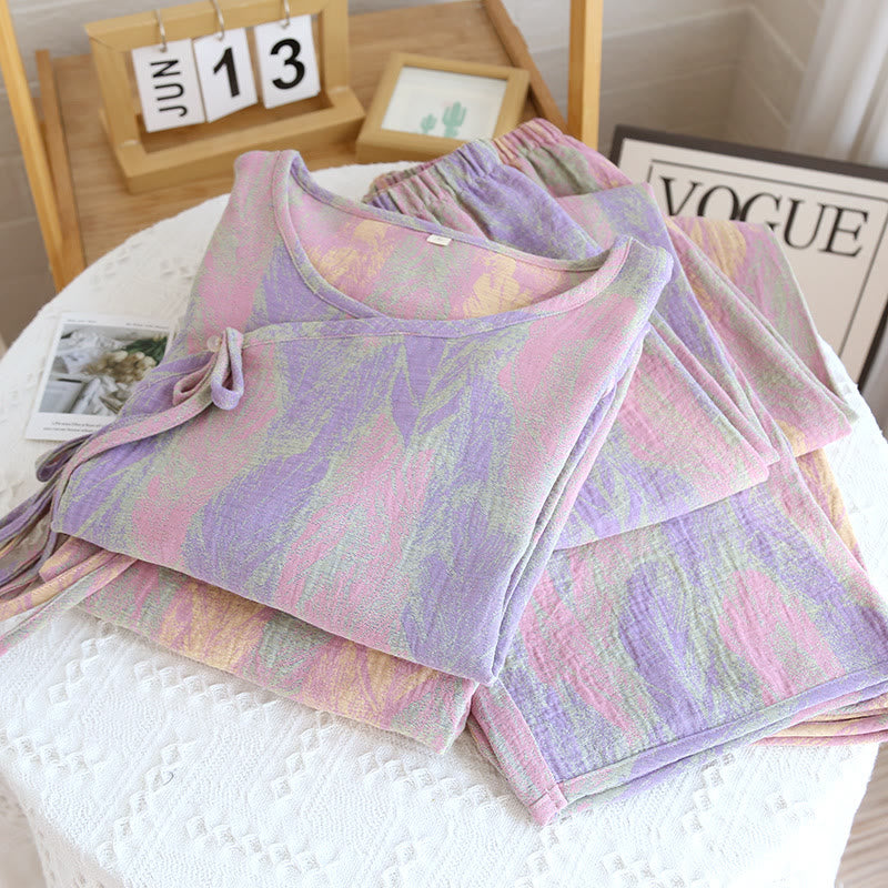 Pigiama in puro cotone jacquard con piume