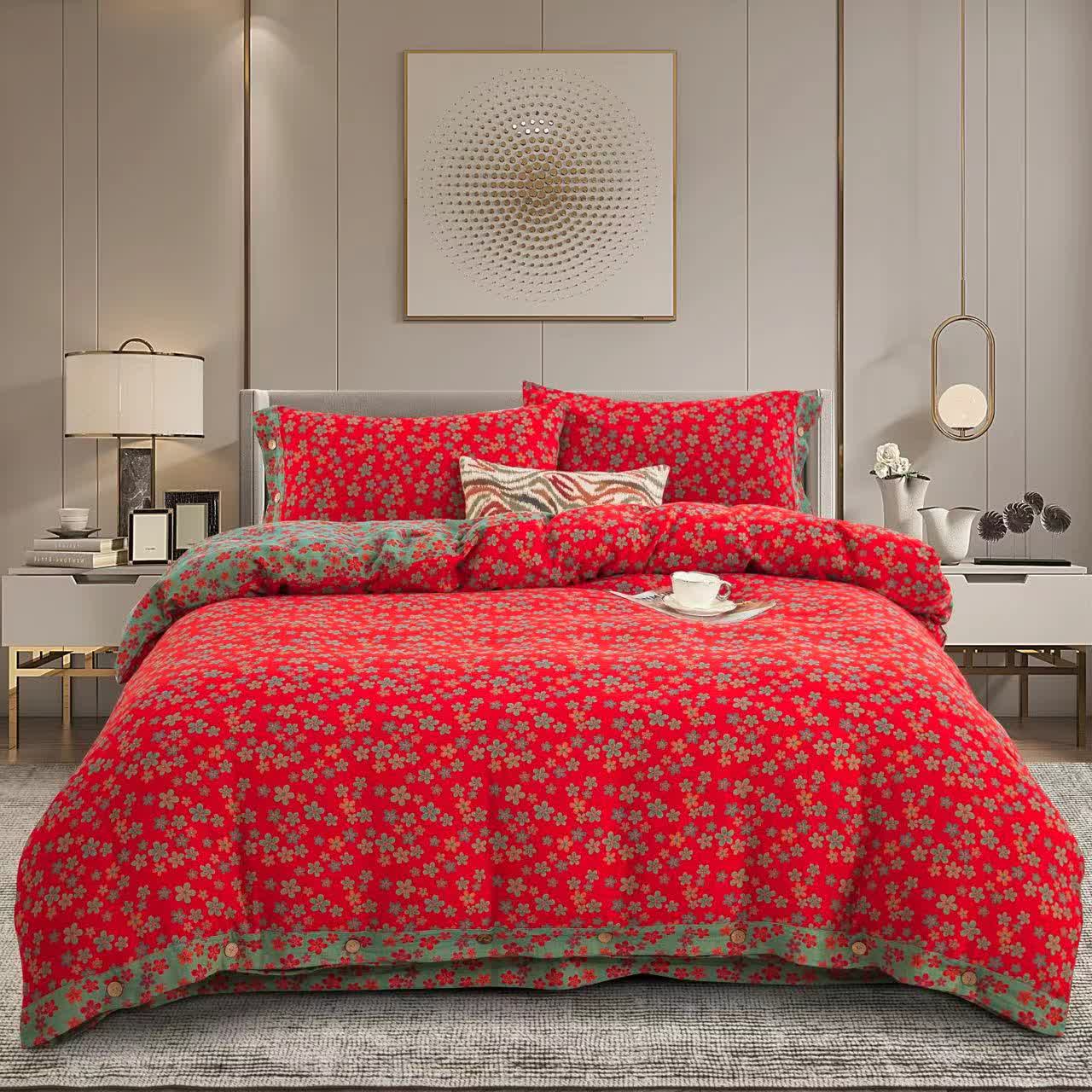 Set di biancheria da letto in garza di cotone con bottoni floreali (4 pezzi)