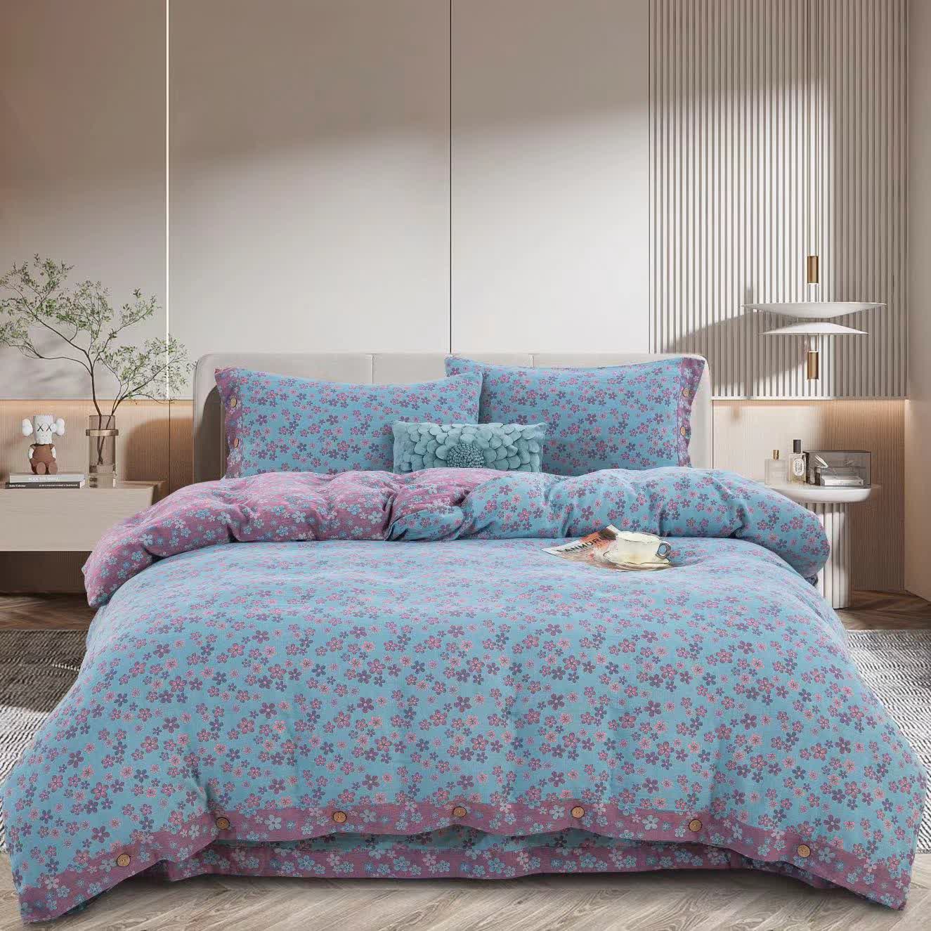 Set di biancheria da letto in garza di cotone con bottoni floreali (4 pezzi)