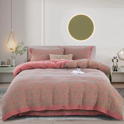 Set di biancheria da letto in garza di cotone con bottoni floreali (4 pezzi)