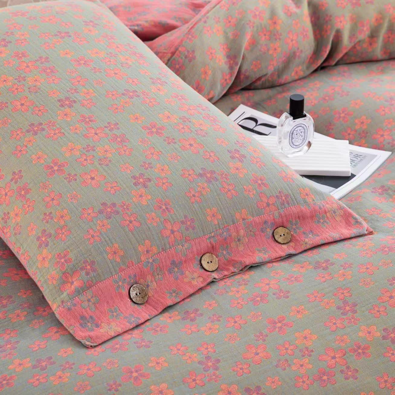 Set di biancheria da letto in garza di cotone con bottoni floreali (4 pezzi)