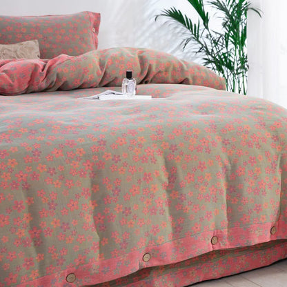 Set di biancheria da letto in garza di cotone con bottoni floreali (4 pezzi)