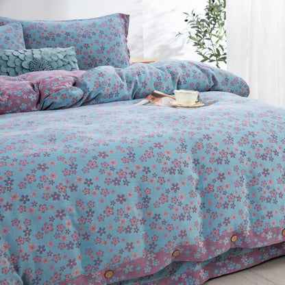 Set di biancheria da letto in garza di cotone con bottoni floreali (4 pezzi)