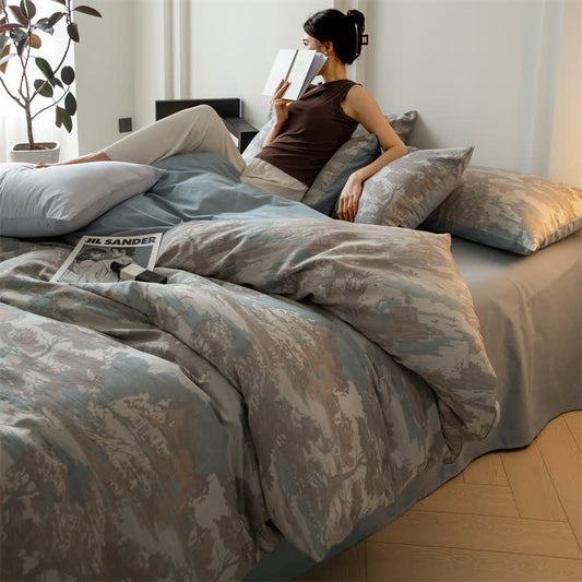 Set di biancheria da letto in garza di cotone con motivo foresta retrò (4 pezzi)