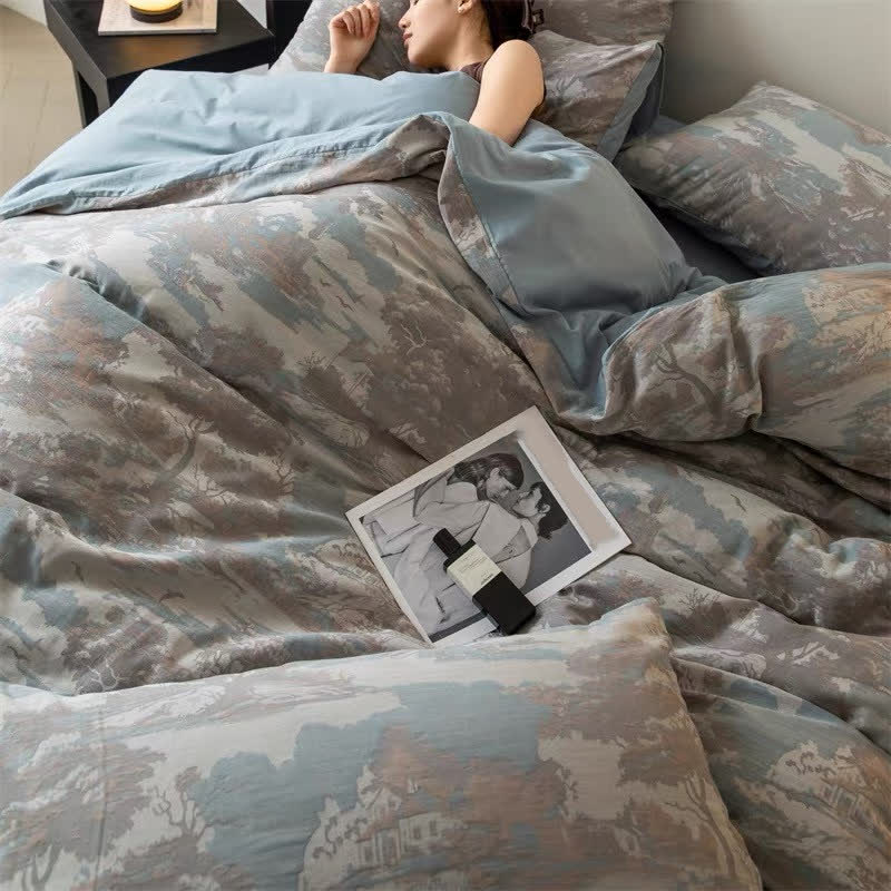 Set di biancheria da letto in garza di cotone con motivo foresta retrò (4 pezzi)