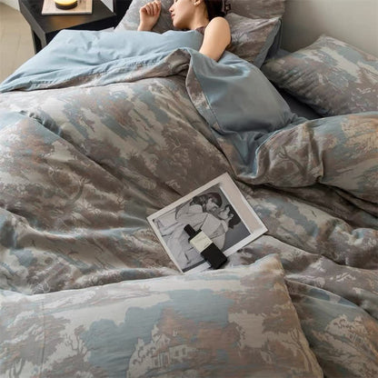 Set di biancheria da letto in garza di cotone con motivo foresta retrò (4 pezzi)