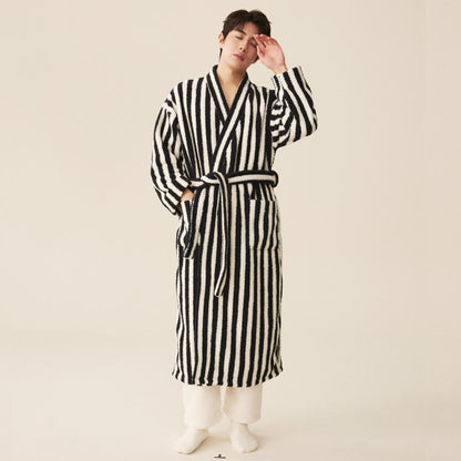 Accappatoio lungo invernale in pile a righe moderne - Accappatoio con pantaloni - Bianco e nero - Uomo 2XL - image 9