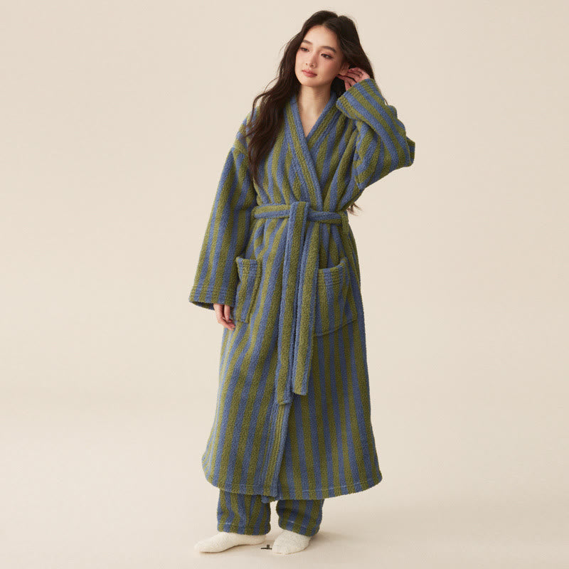 Accappatoio lungo invernale in pile a righe moderne - Accappatoio con pantaloni - Verde scuro - Donna XL - image 1