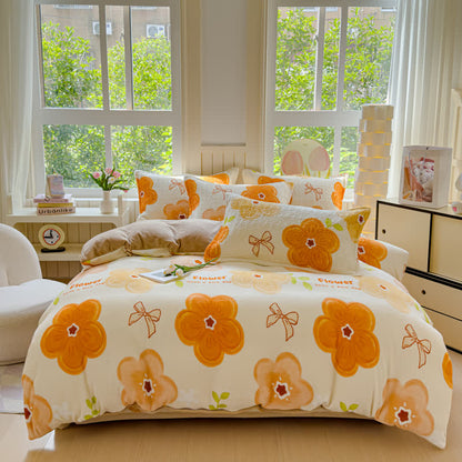 Set di biancheria da letto in velluto con fiori vivaci (4 pezzi)