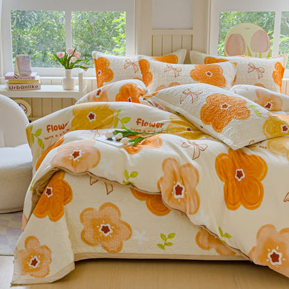 Set di biancheria da letto in velluto con fiori vivaci (4 pezzi)