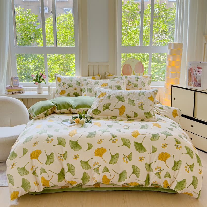 Set di biancheria da letto in velluto con foglie di ginkgo rustico (4 pezzi)
