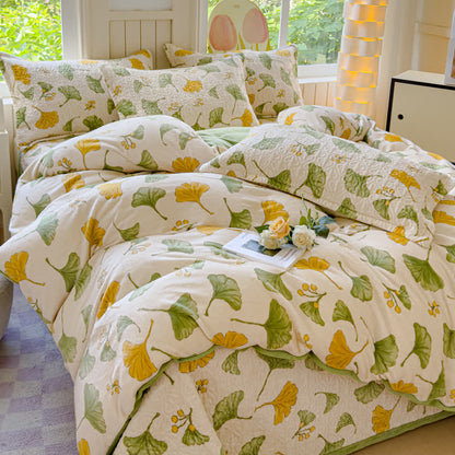 Set di biancheria da letto in velluto con foglie di ginkgo rustico (4 pezzi)