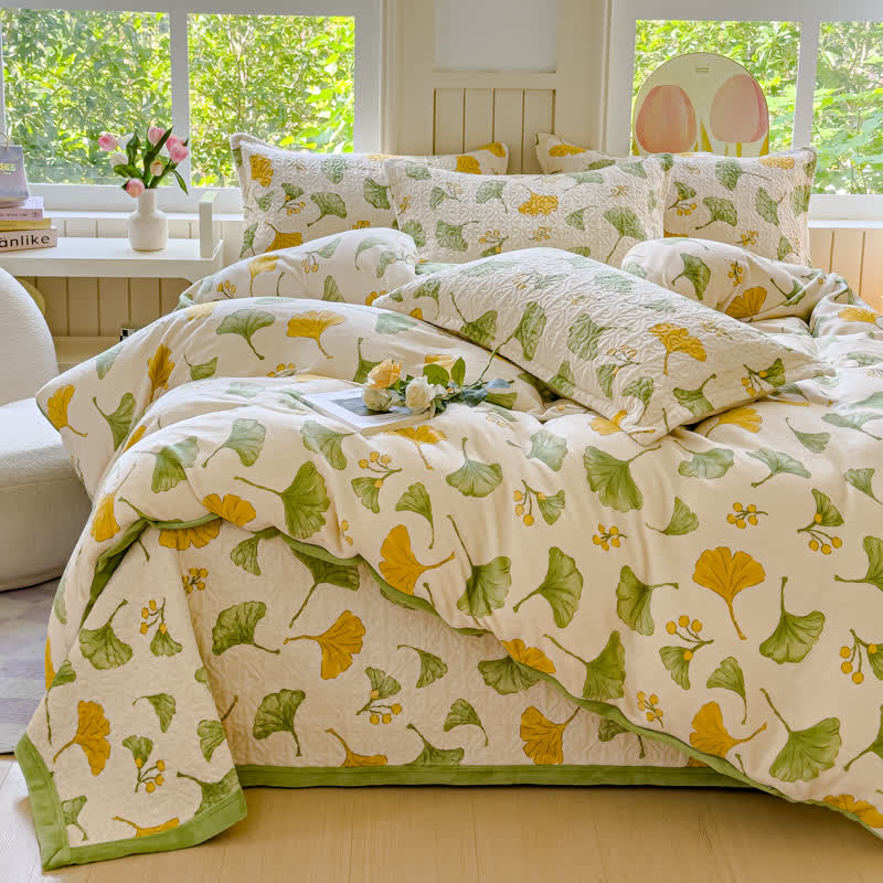 Set di biancheria da letto in velluto con foglie di ginkgo rustico (4 pezzi)