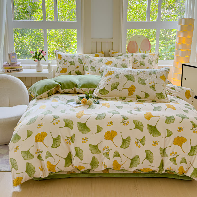 Set di biancheria da letto in velluto con foglie di ginkgo rustico (4 pezzi)