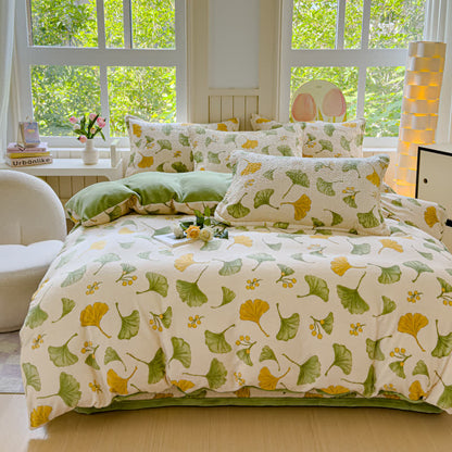 Set di biancheria da letto in velluto con foglie di ginkgo rustico (4 pezzi)