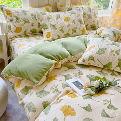Set di biancheria da letto in velluto con foglie di ginkgo rustico (4 pezzi)