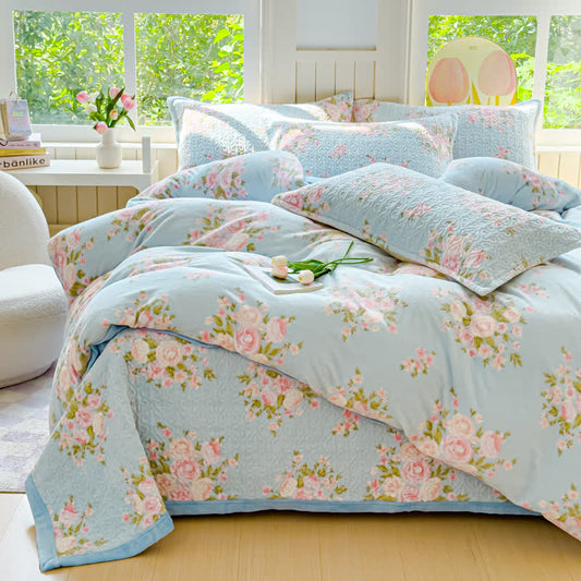 Completo letto elegante in velluto invernale con motivo floreale (4 pezzi)