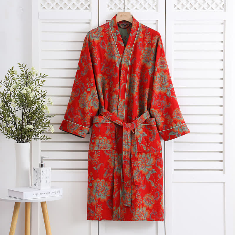Accappatoio in garza di cotone con kimono floreale di lusso