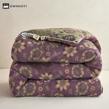 Elegante trapunta reversibile in cotone jacquard con motivo floreale