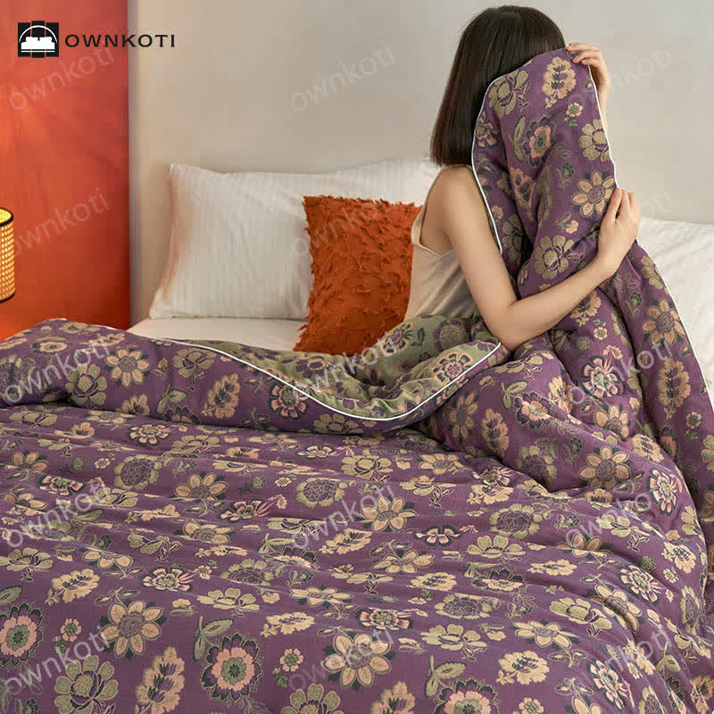 Elegante trapunta reversibile in cotone jacquard con motivo floreale