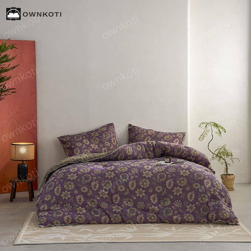 Elegante trapunta reversibile in cotone jacquard con motivo floreale