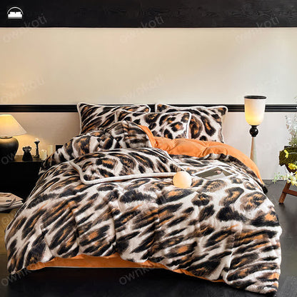 Set di biancheria da letto in morbida flanella calda leopardata (4 pezzi)