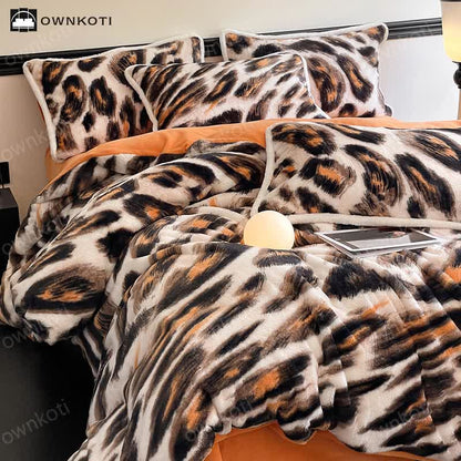 Set di biancheria da letto in morbida flanella calda leopardata (4 pezzi)