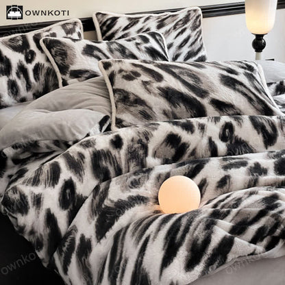 Set di biancheria da letto in morbida flanella calda leopardata (4 pezzi)