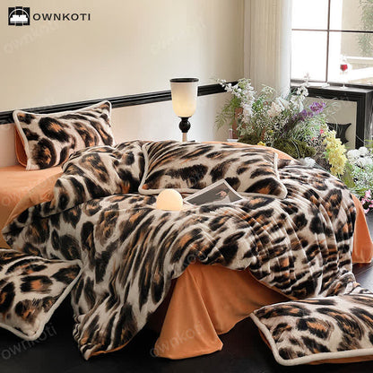 Set di biancheria da letto in morbida flanella calda leopardata (4 pezzi)