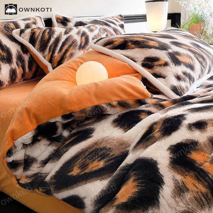 Set di biancheria da letto in morbida flanella calda leopardata (4 pezzi)