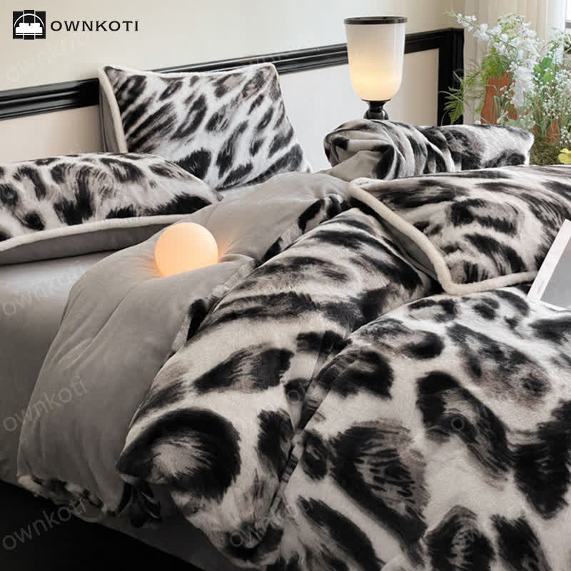 Set di biancheria da letto in morbida flanella calda leopardata (4 pezzi)