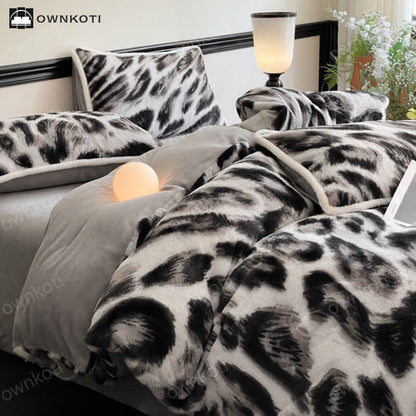 Set di biancheria da letto in morbida flanella calda leopardata (4 pezzi)