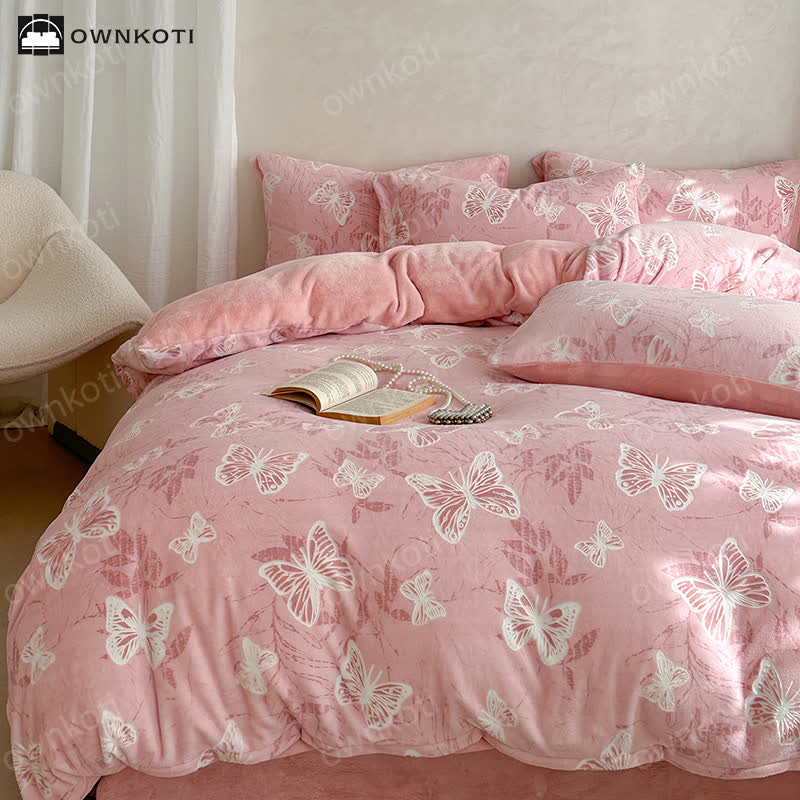 Set di biancheria da letto caldo in velluto a farfalla (4 pezzi)