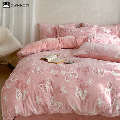 Set di biancheria da letto caldo in velluto a farfalla (4 pezzi)