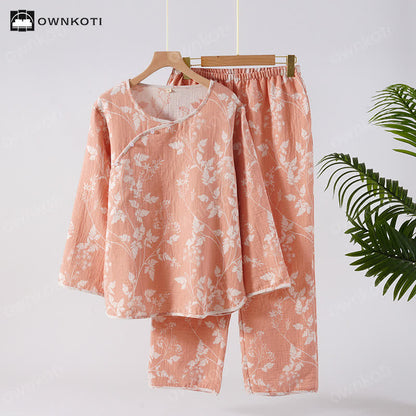 Completo pigiama in puro cotone tinto in filo jacquard