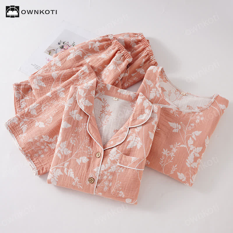 Completo pigiama in puro cotone tinto in filo jacquard