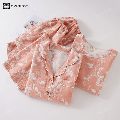 Completo pigiama in puro cotone tinto in filo jacquard