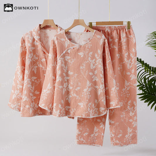 Completo pigiama in puro cotone tinto in filo jacquard