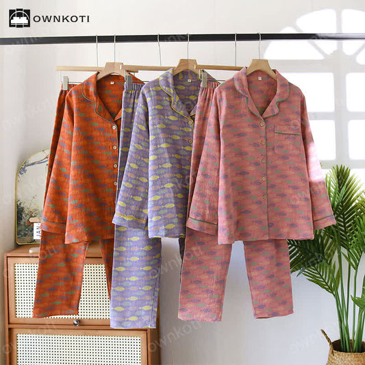 Pigiama in garza di cotone Jacquard Fish
