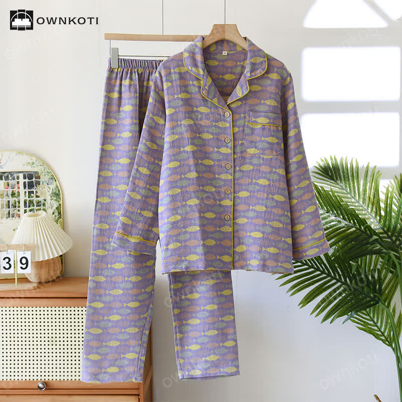 Pigiama in garza di cotone Jacquard Fish