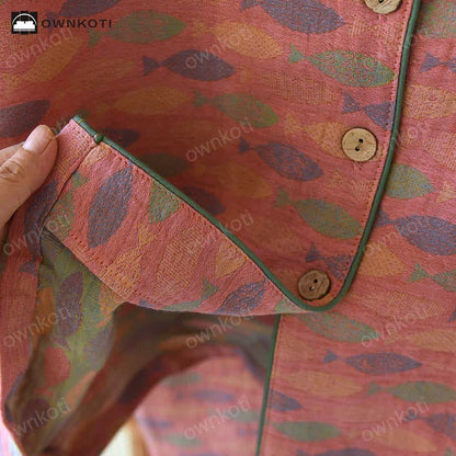 Pigiama in garza di cotone Jacquard Fish