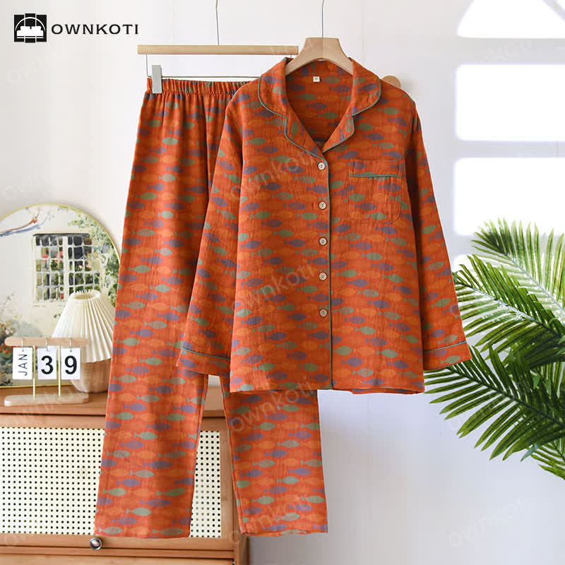 Pigiama in garza di cotone Jacquard Fish