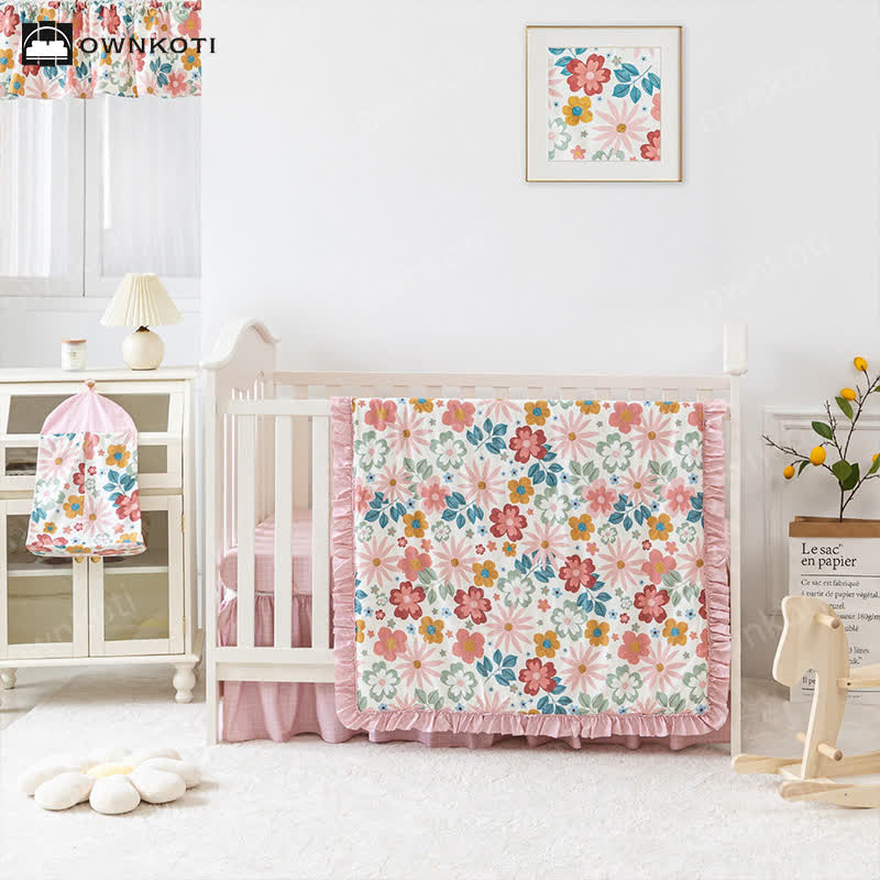 Set di biancheria da letto per culla in cotone rosa da bambina (3 pezzi)