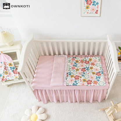 Set di biancheria da letto per culla in cotone rosa da bambina (3 pezzi)